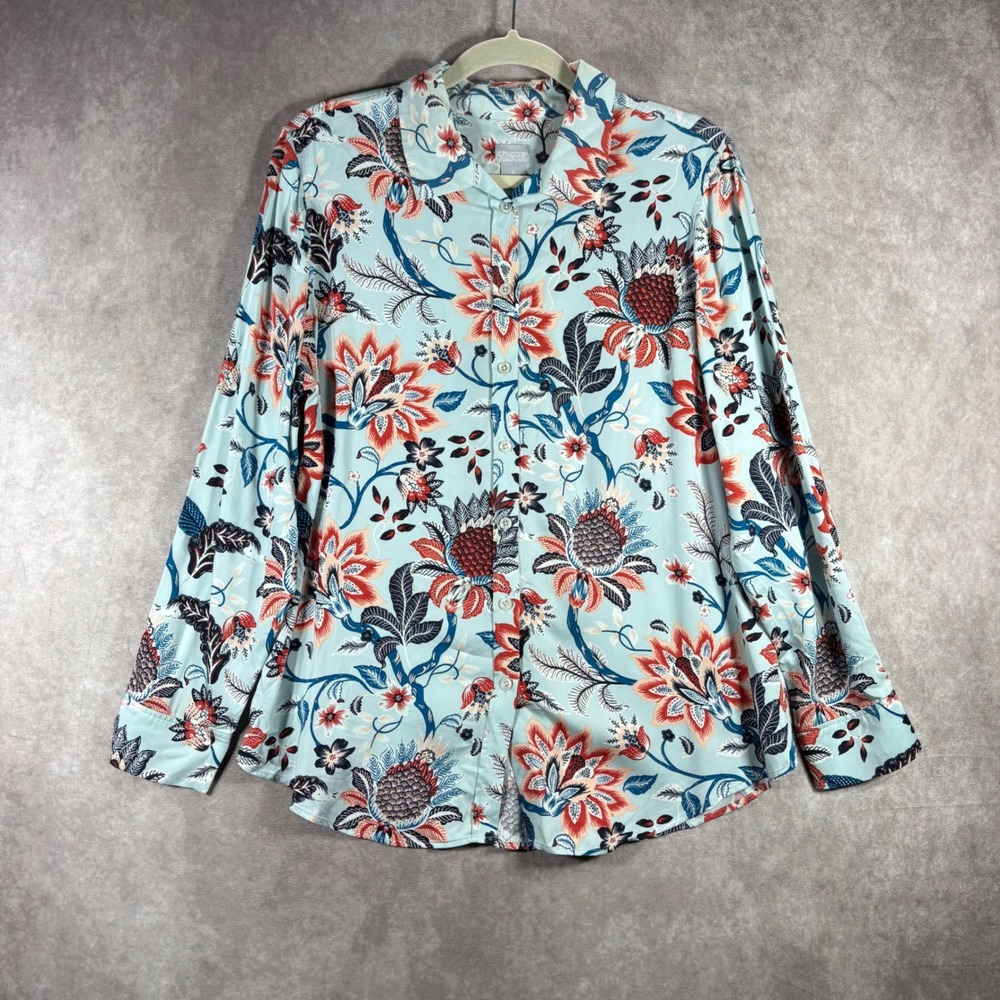 Chico's Button Down Shirt Womens Size 2 US 12/14 Blue Floral Modal Boho Casual